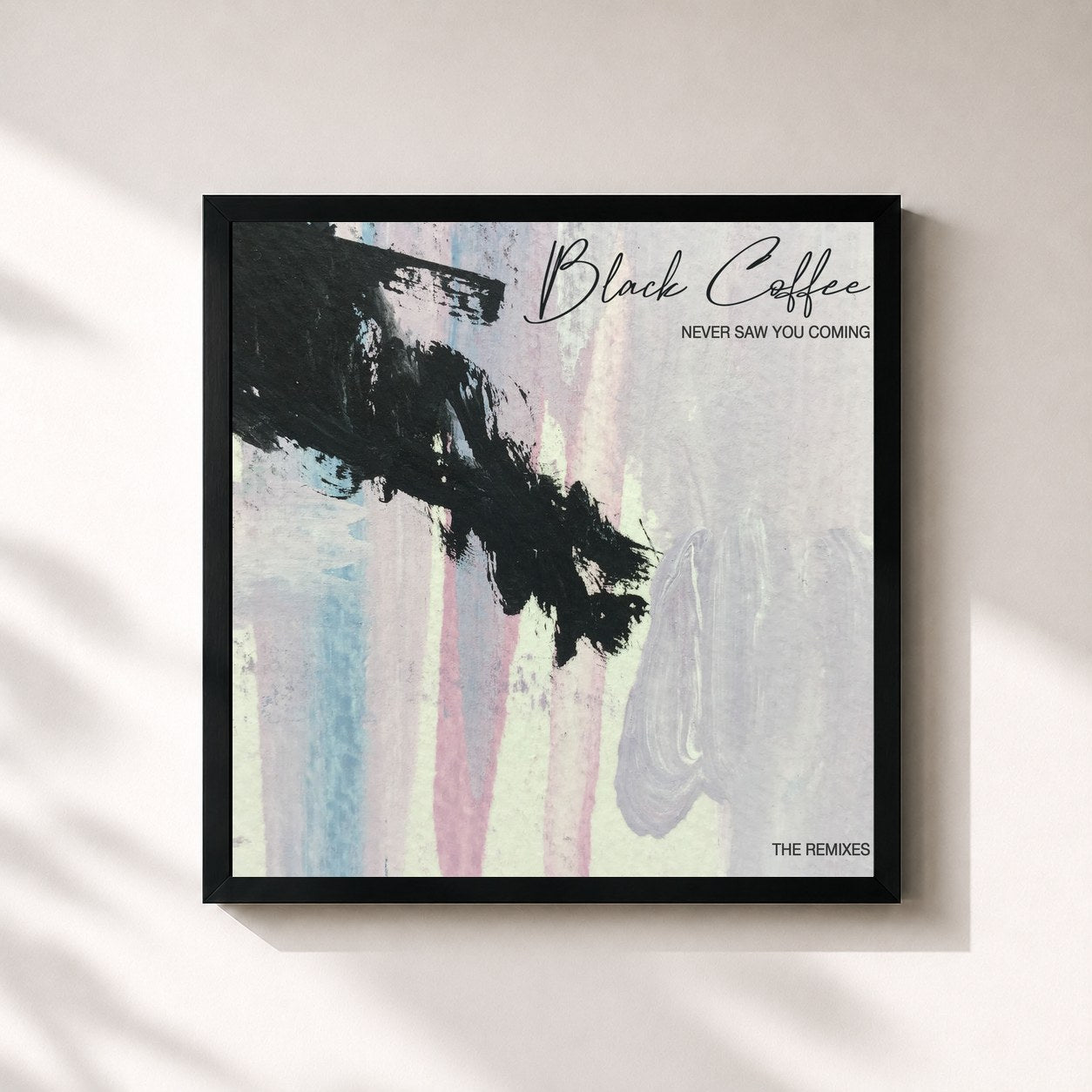 #noir Tableau carré de l'album Never Saw You Coming de Black Coffee, cadre noir 32x32 cm