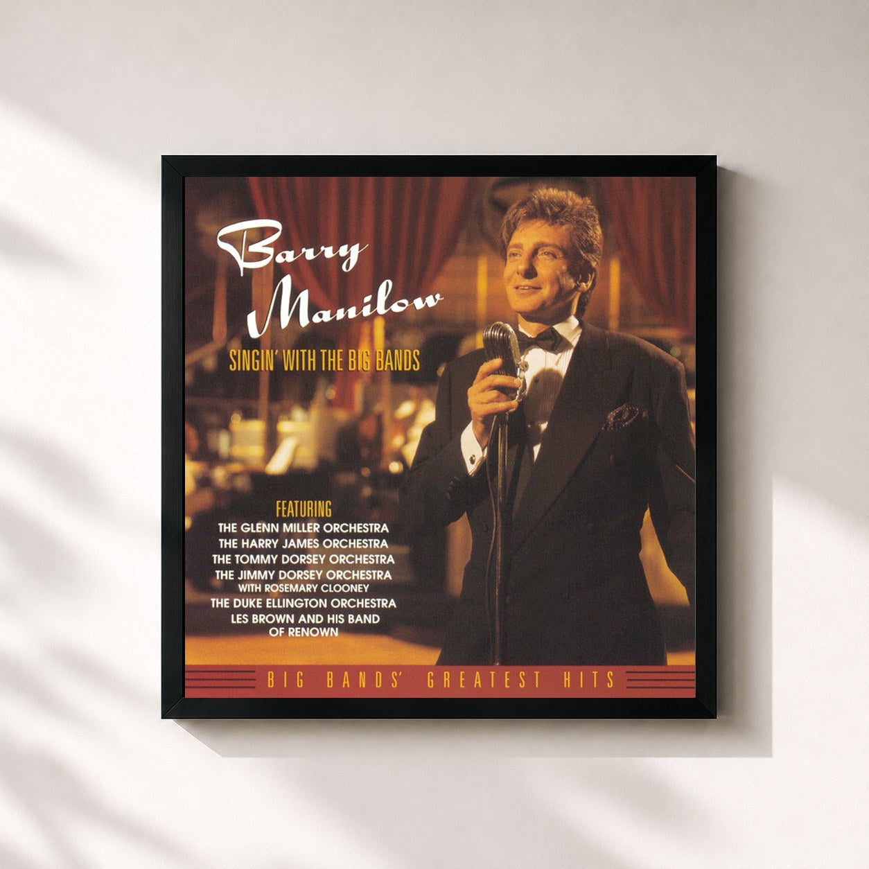 #noir Tableau carré de l'album Singin' With The Big Bands de Barry Manilow, cadre noir 32x32 cm