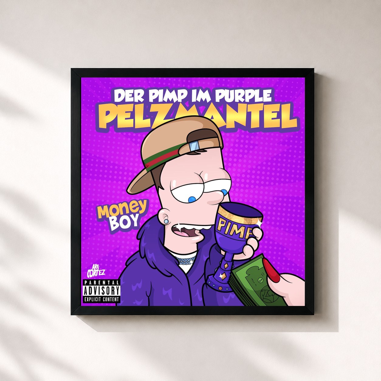 #noir Tableau carré de l'album Der Pimp im purple Pelzmantel de Money Boy, cadre noir 32x32 cm