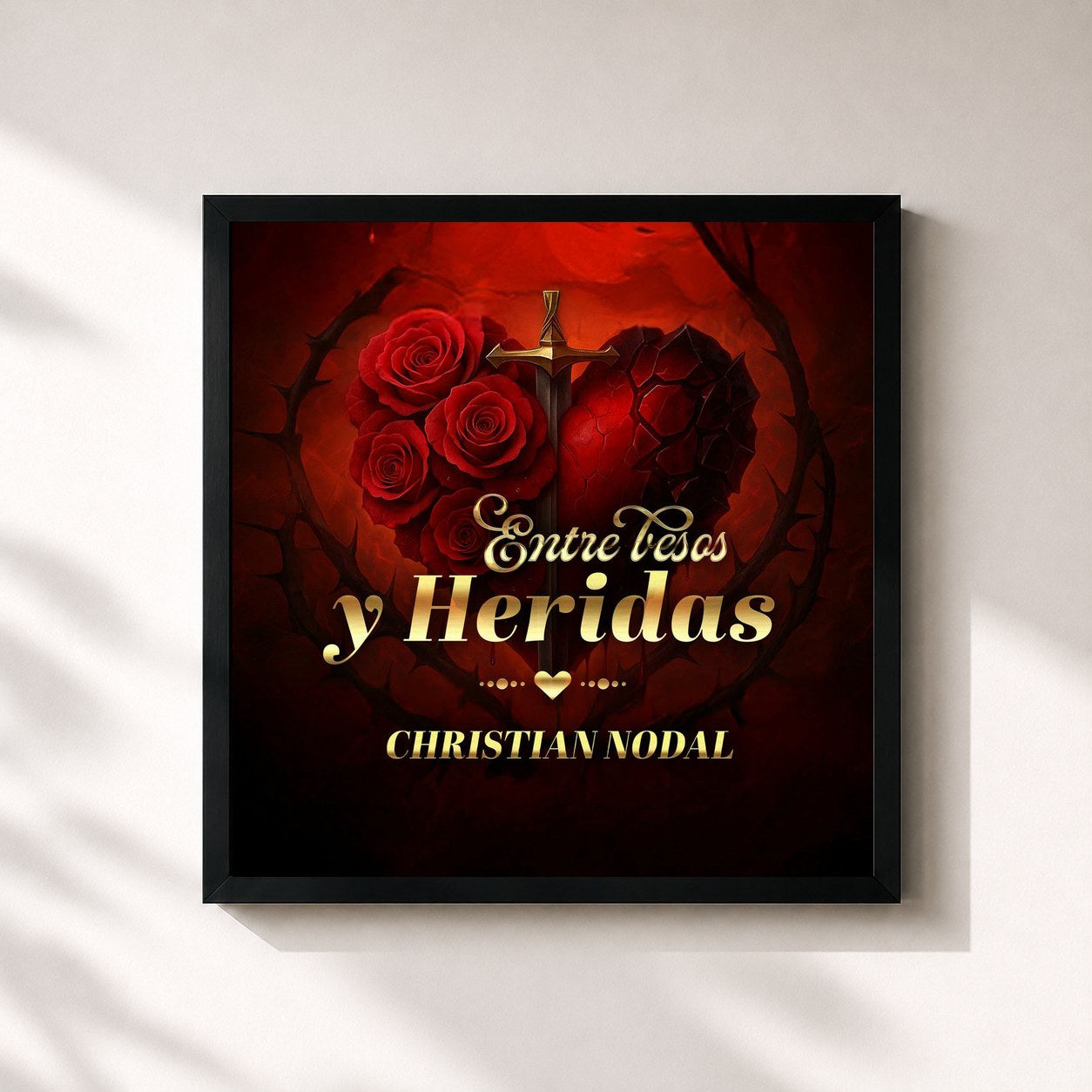 #noir Tableau carré de l'album Entre Besos Y Heridas de Christian Nodal, cadre noir 32x32 cm