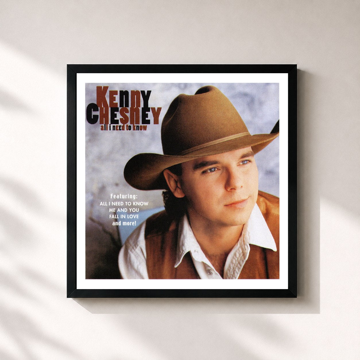 #noir Tableau carré de l'album All I Need To Know de Kenny Chesney, cadre noir 32x32 cm