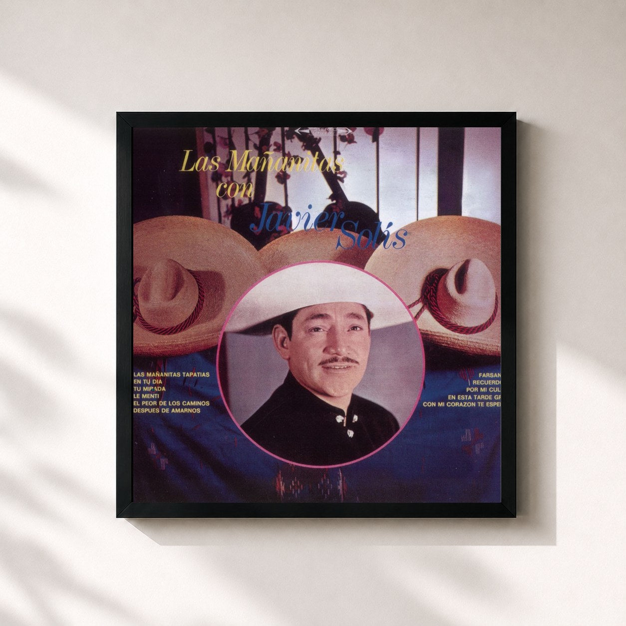 #noir Tableau carré de l'album Las Mañanitas Tapatías de Javier Solis, cadre noir 32x32 cm