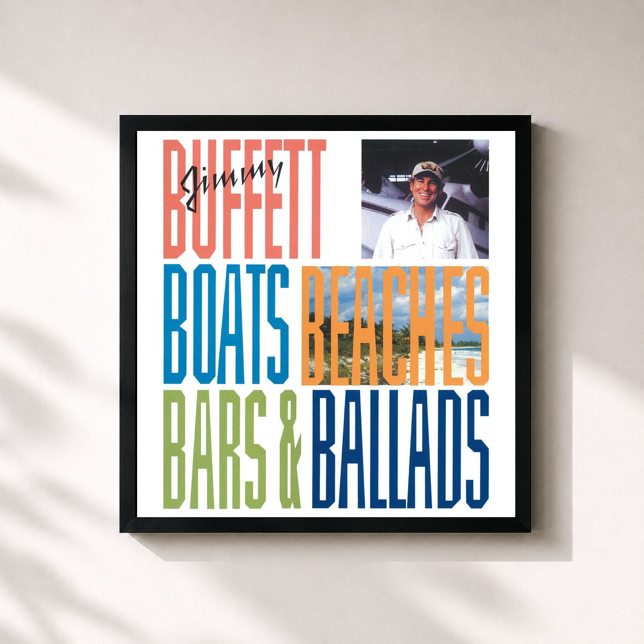 #noir Tableau carré de l'album Boats, Beaches, Bars & Ballads de Jimmy Buffett, cadre noir 32x32 cm