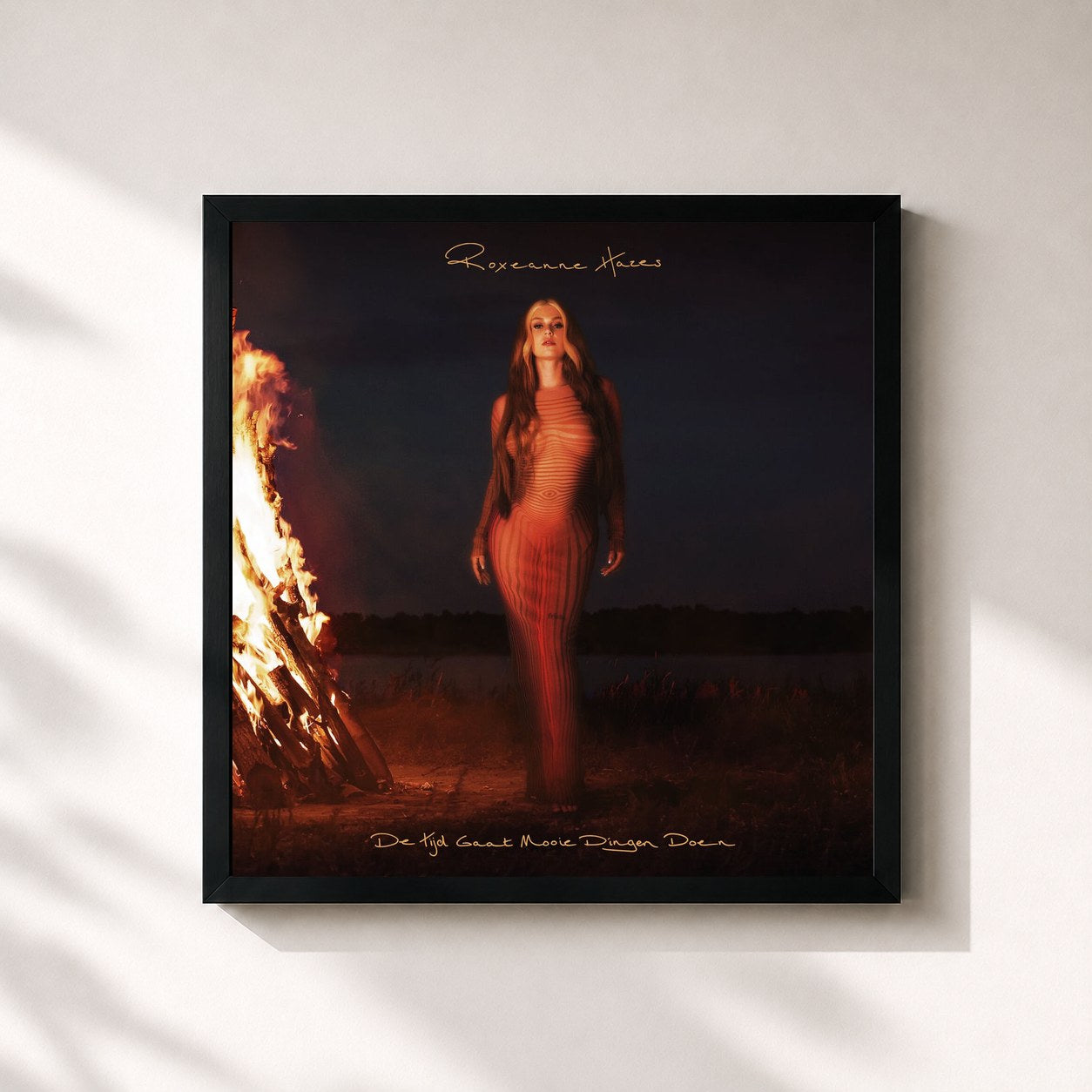 #noir Tableau carré de l'album De Tijd Gaat Mooie Dingen Doen de Roxeanne Hazes, cadre noir 32x32 cm