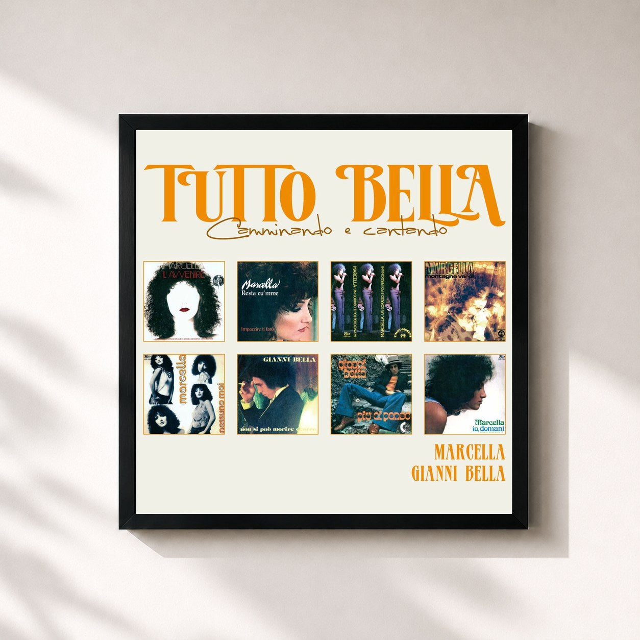 #noir Tableau carré de l'album Tutto Marcella & Gianni Bella de Marcella Bella, cadre noir 32x32 cm