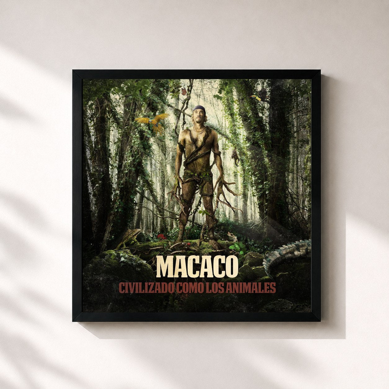 #noir Tableau carré de l'album Civilizado Como Los Animales de Macaco, cadre noir 32x32 cm