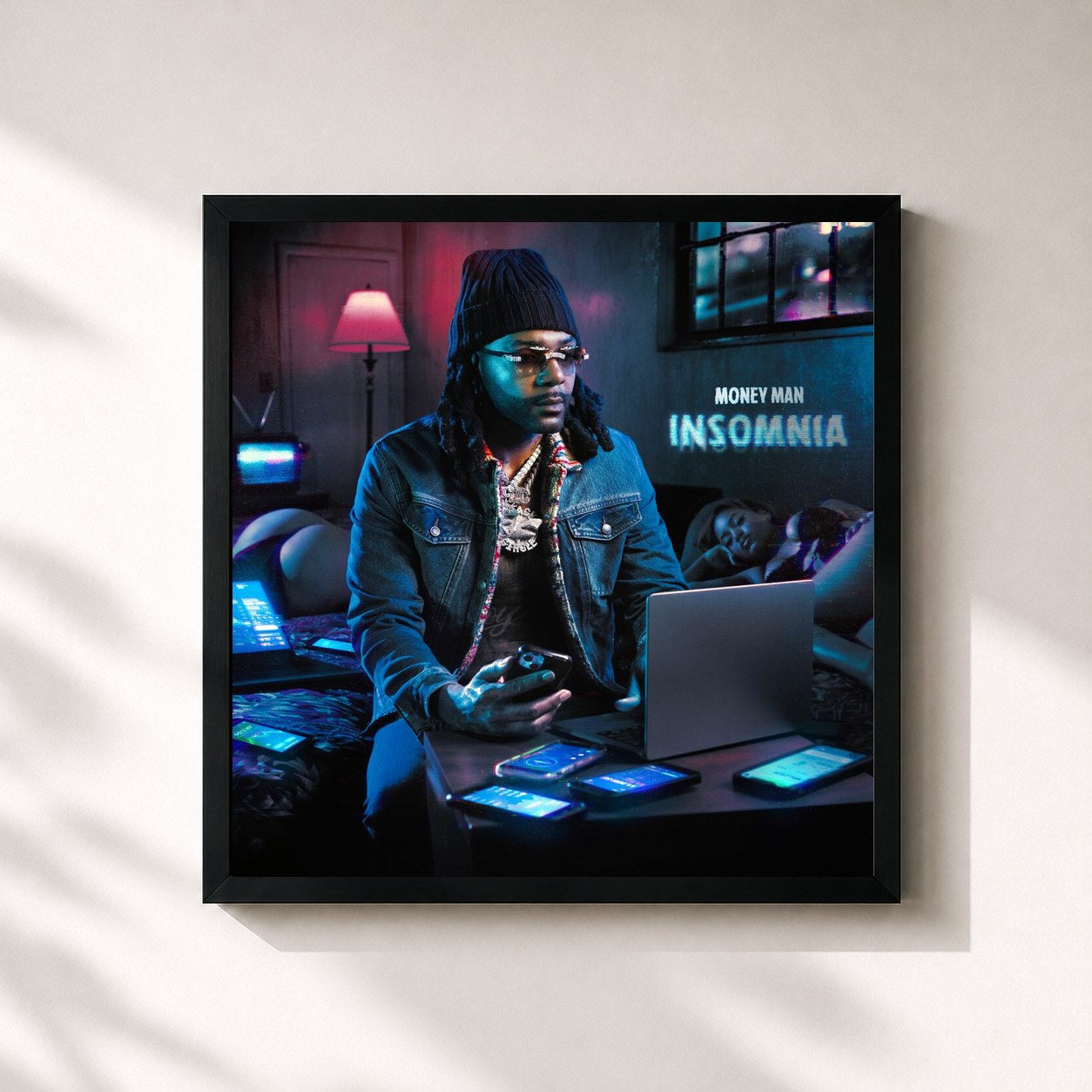 #noir Tableau carré de l'album Insomnia de Money Man, cadre noir 32x32 cm