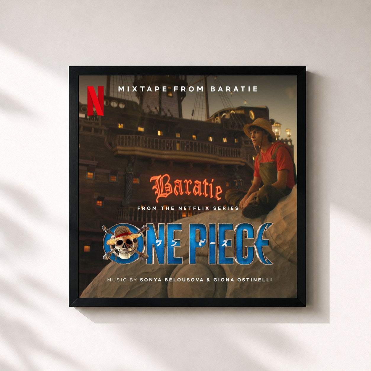#noir Tableau carré de l'album Mixtape from Baratie (from the Netflix Series "One Piece") de Sonya Belousova, cadre noir 32x32 cm