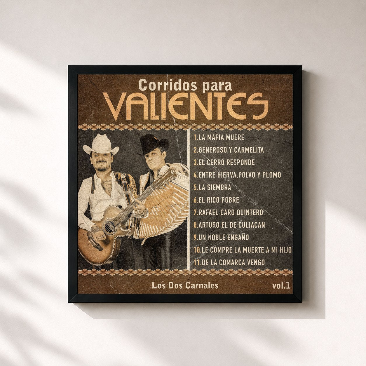 #noir Tableau carré de l'album Corridos Para Valientes, Vol.1 de Los Dos Carnales, cadre noir 32x32 cm