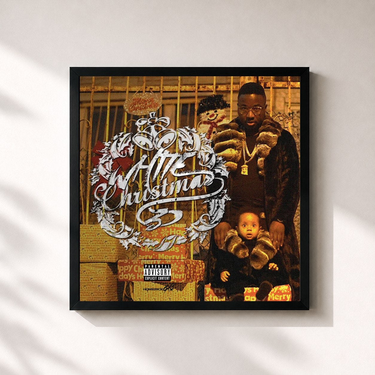 #noir Tableau carré de l'album White Christmas 3 de Troy Ave, cadre noir 32x32 cm