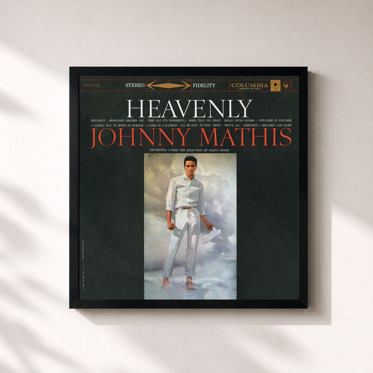 #noir Tableau carré de l'album Heavenly de Johnny Mathis, cadre noir 32x32 cm