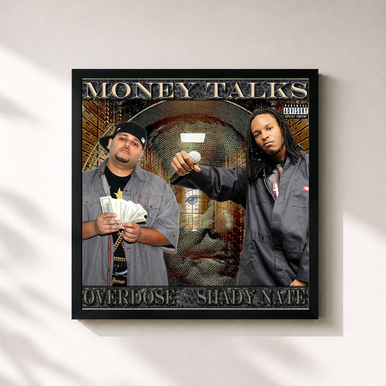 #noir Tableau carré de l'album Money Talks de Overdose, cadre noir 32x32 cm
