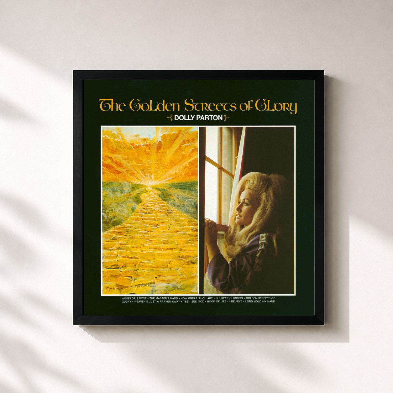 #noir Tableau carré de l'album Golden Streets Of Glory de Dolly Parton, cadre noir 32x32 cm