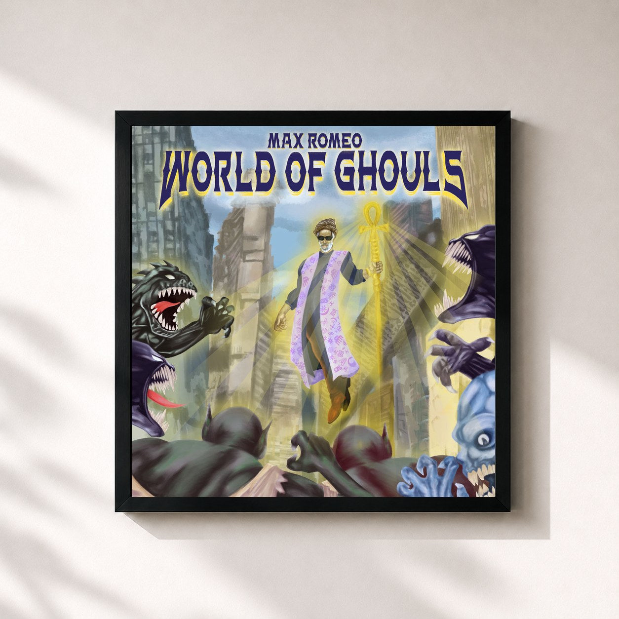 #noir Tableau carré de l'album World Of Ghouls de Max Romeo, cadre noir 32x32 cm