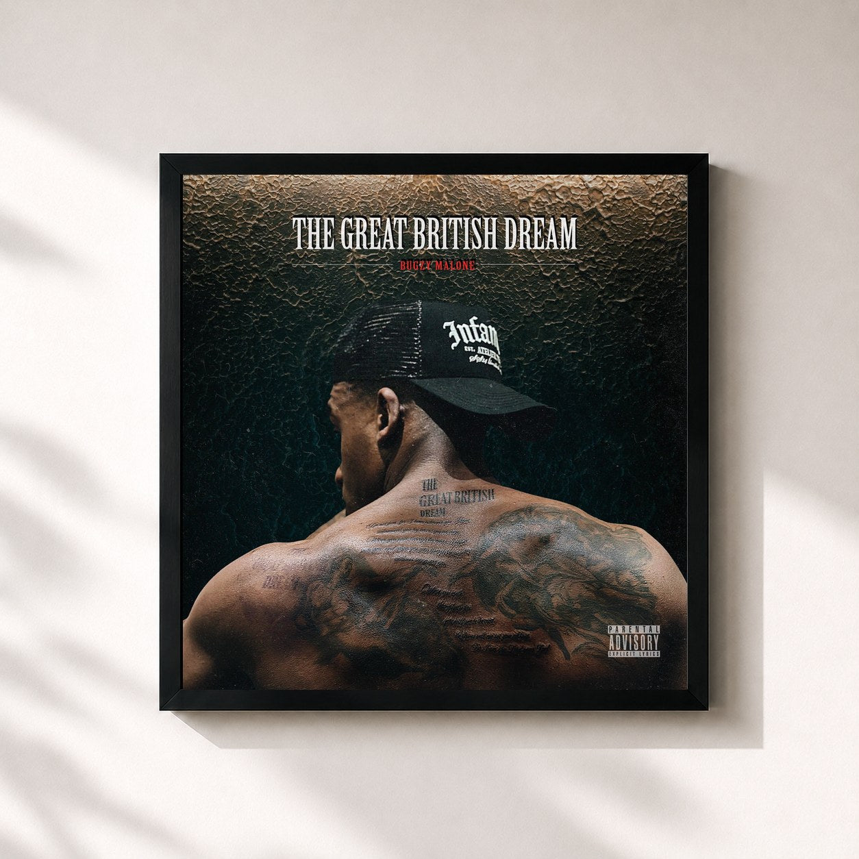 #noir Tableau carré de l'album The Great British Dream de Bugzy Malone, cadre noir 32x32 cm