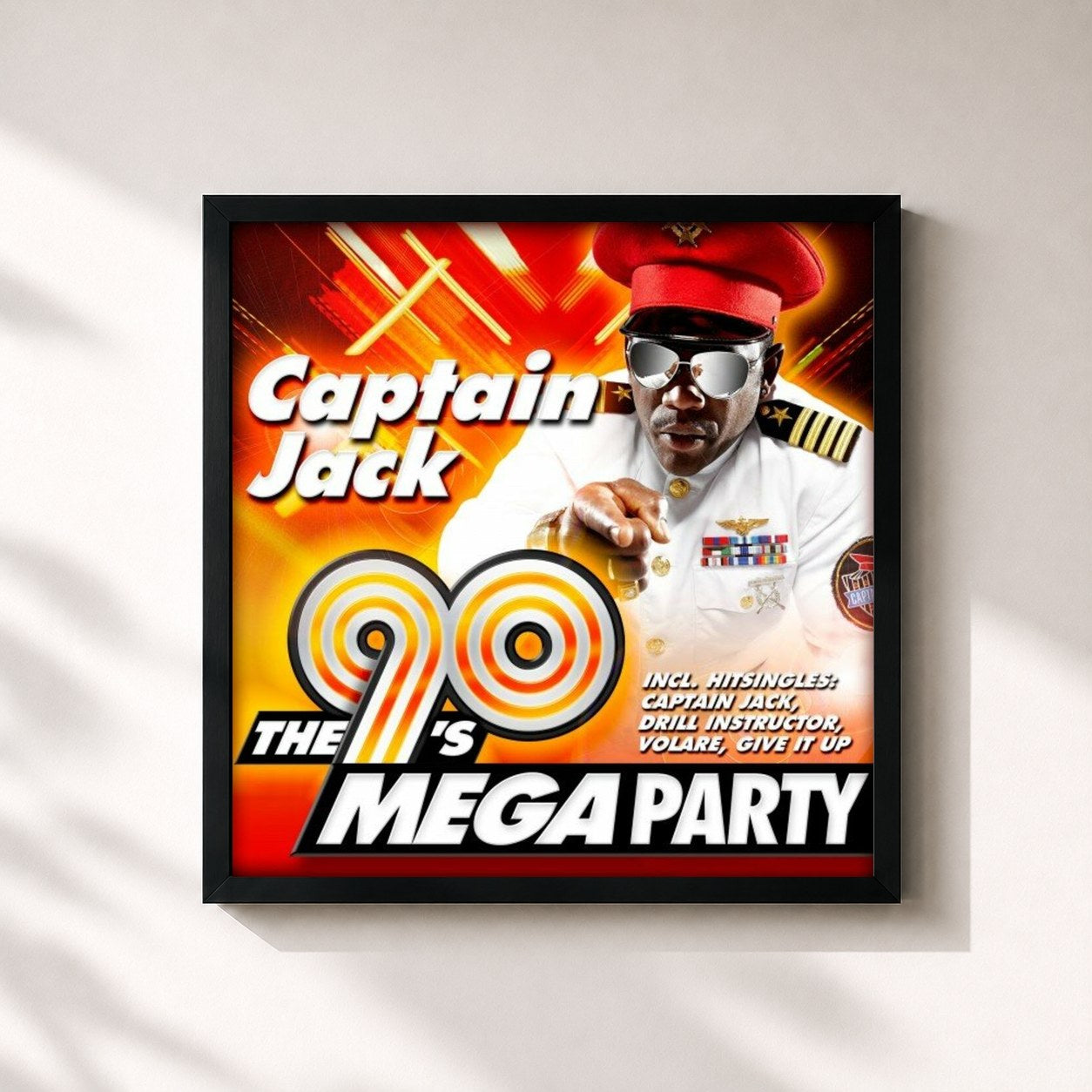 #noir Tableau carré de l'album The 90's Mega Party de Captain Jack, cadre noir 32x32 cm