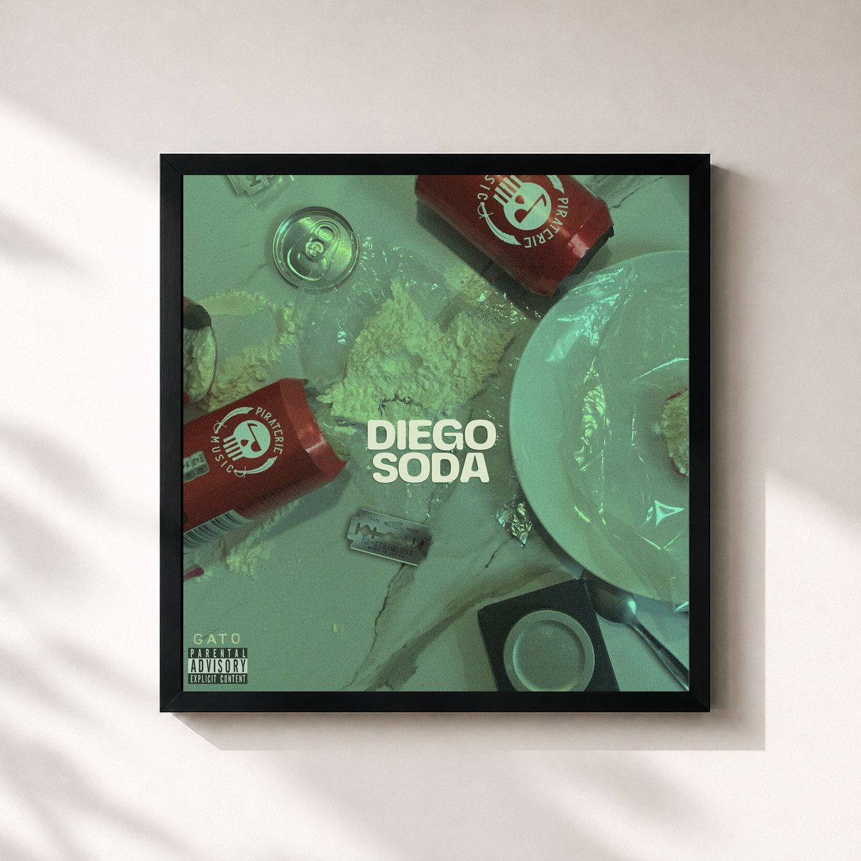 #noir Tableau carré de l'album Diego Soda de Gato, cadre noir 32x32 cm