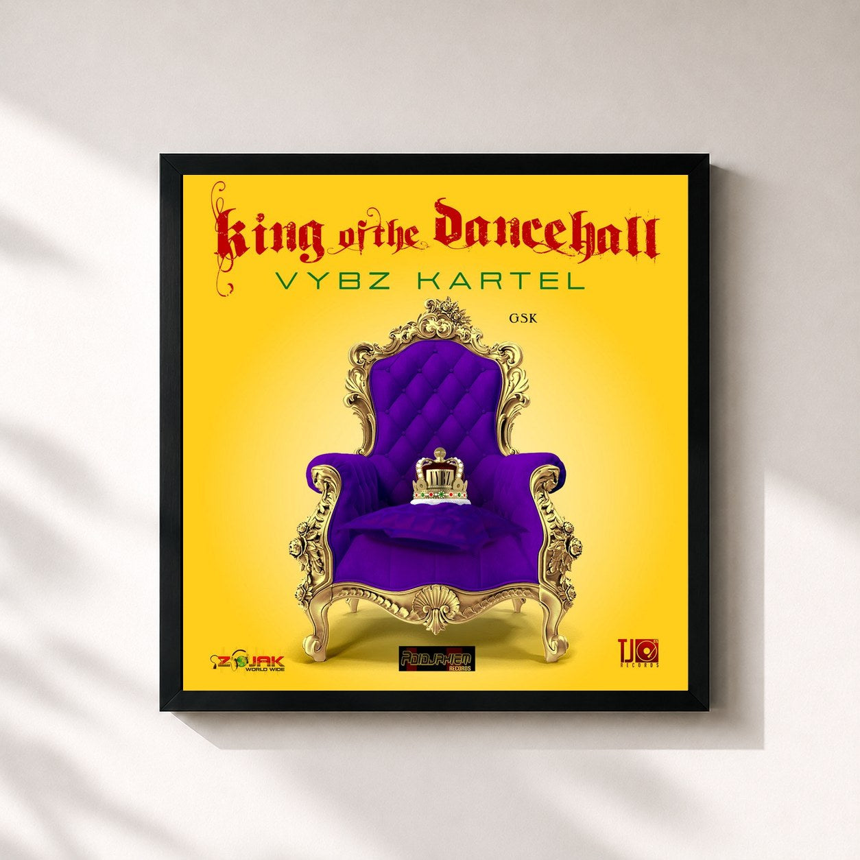 #noir Tableau carré de l'album King Of The Dancehall de Vybz Kartel, cadre noir 32x32 cm