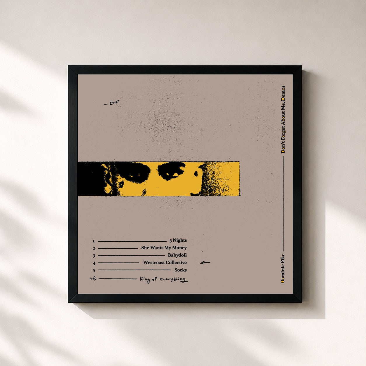 #noir Tableau carré de l'album Don't Forget About Me, Demos de Dominic Fike, cadre noir 32x32 cm