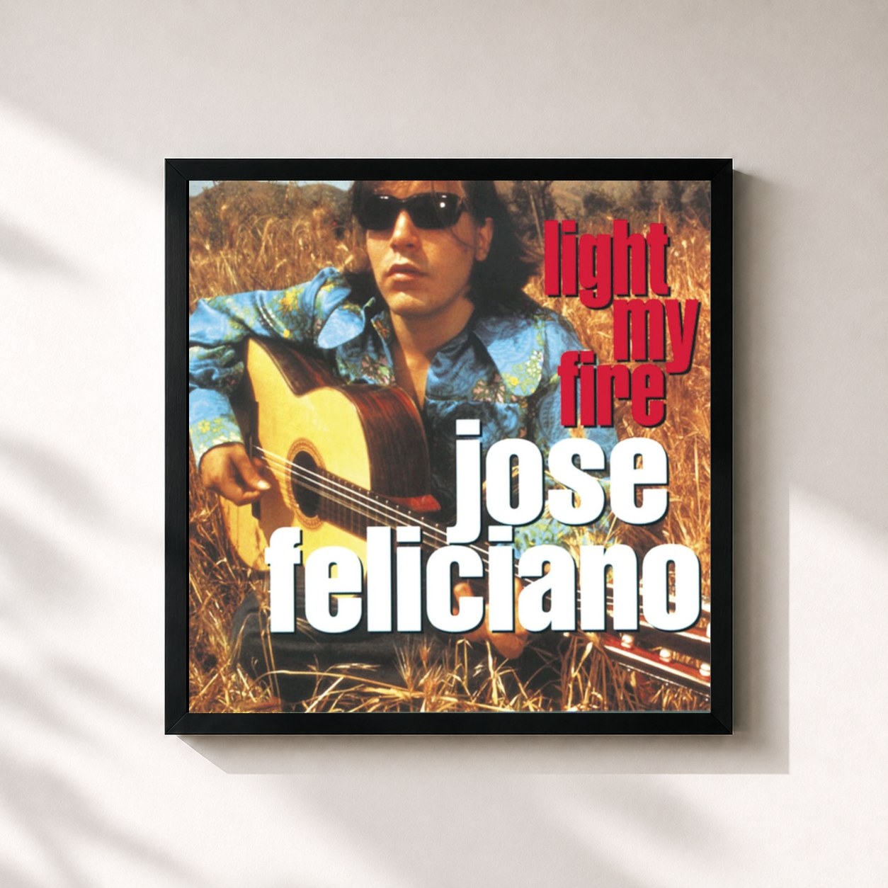 #noir Tableau carré de l'album Light My Fire de José Feliciano, cadre noir 32x32 cm
