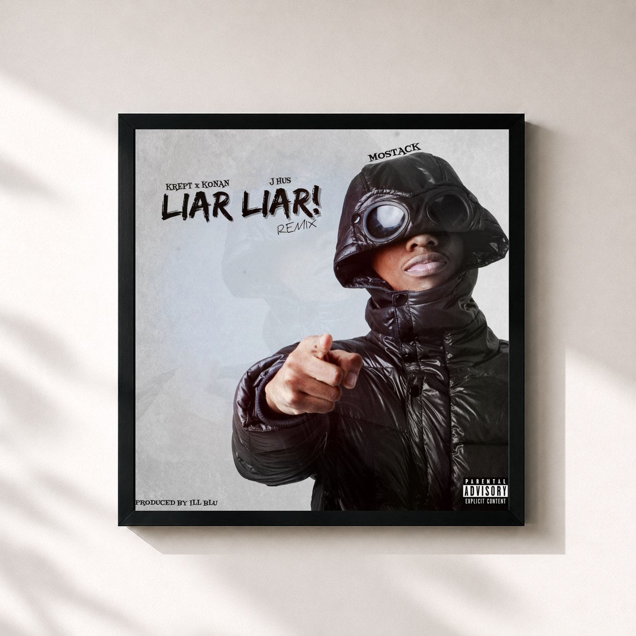 #noir Tableau carré de l'album Liar Liar de Mostack, cadre noir 32x32 cm