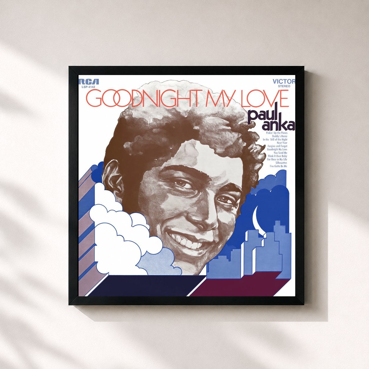 #noir Tableau carré de l'album Goodnight My Love de Paul Anka, cadre noir 32x32 cm