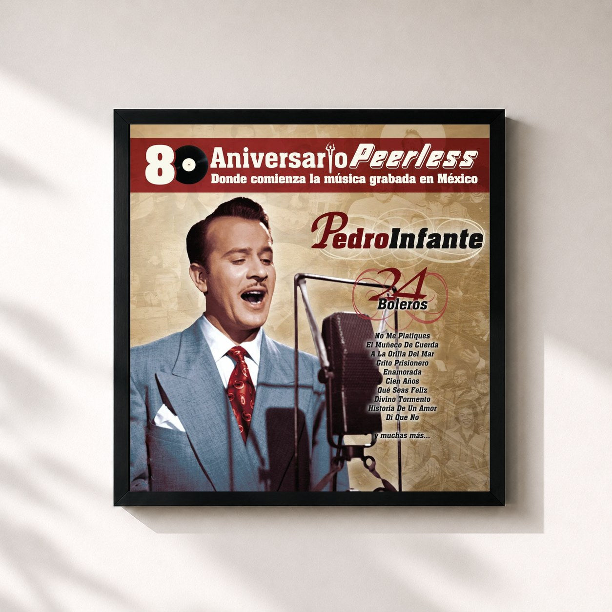 #noir Tableau carré de l'album Peerless 80 Aniversario - 24 Boleros de Pedro Infante, cadre noir 32x32 cm