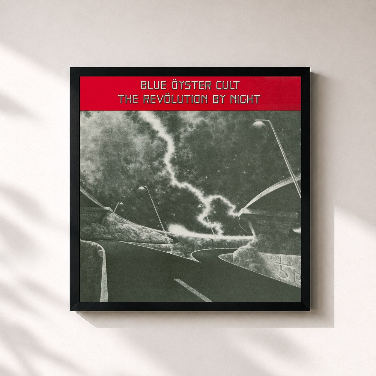 #noir Tableau carré de l'album The Revolution By Night de Blue Öyster Cult, cadre noir 32x32 cm