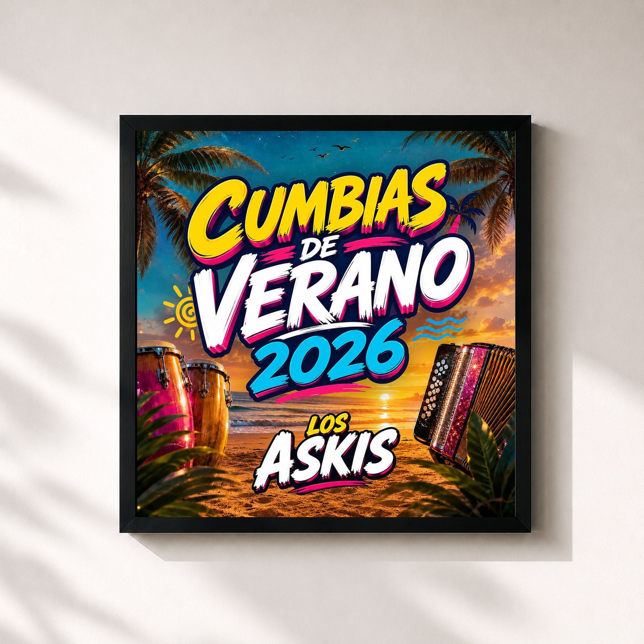 #noir Tableau carré de l'album CUMBIAS DE VERANO 2026 de Los Askis, cadre noir 32x32 cm