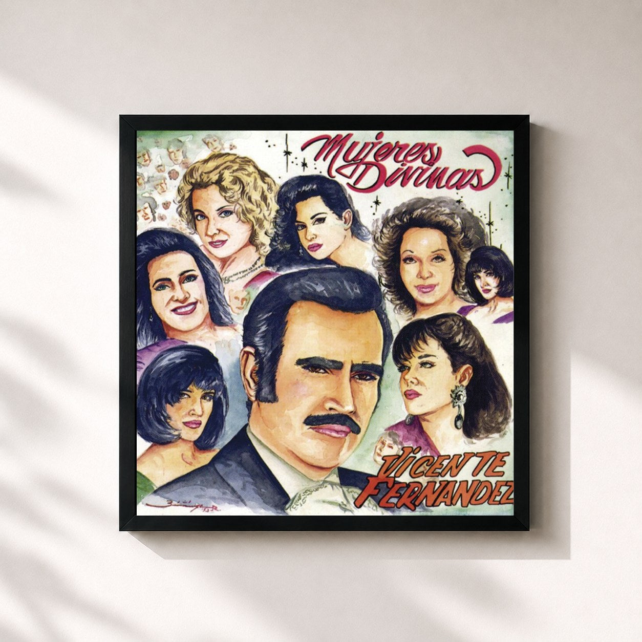 #noir Tableau carré de l'album Mujeres Divinas de Vicente Fernández, cadre noir 32x32 cm