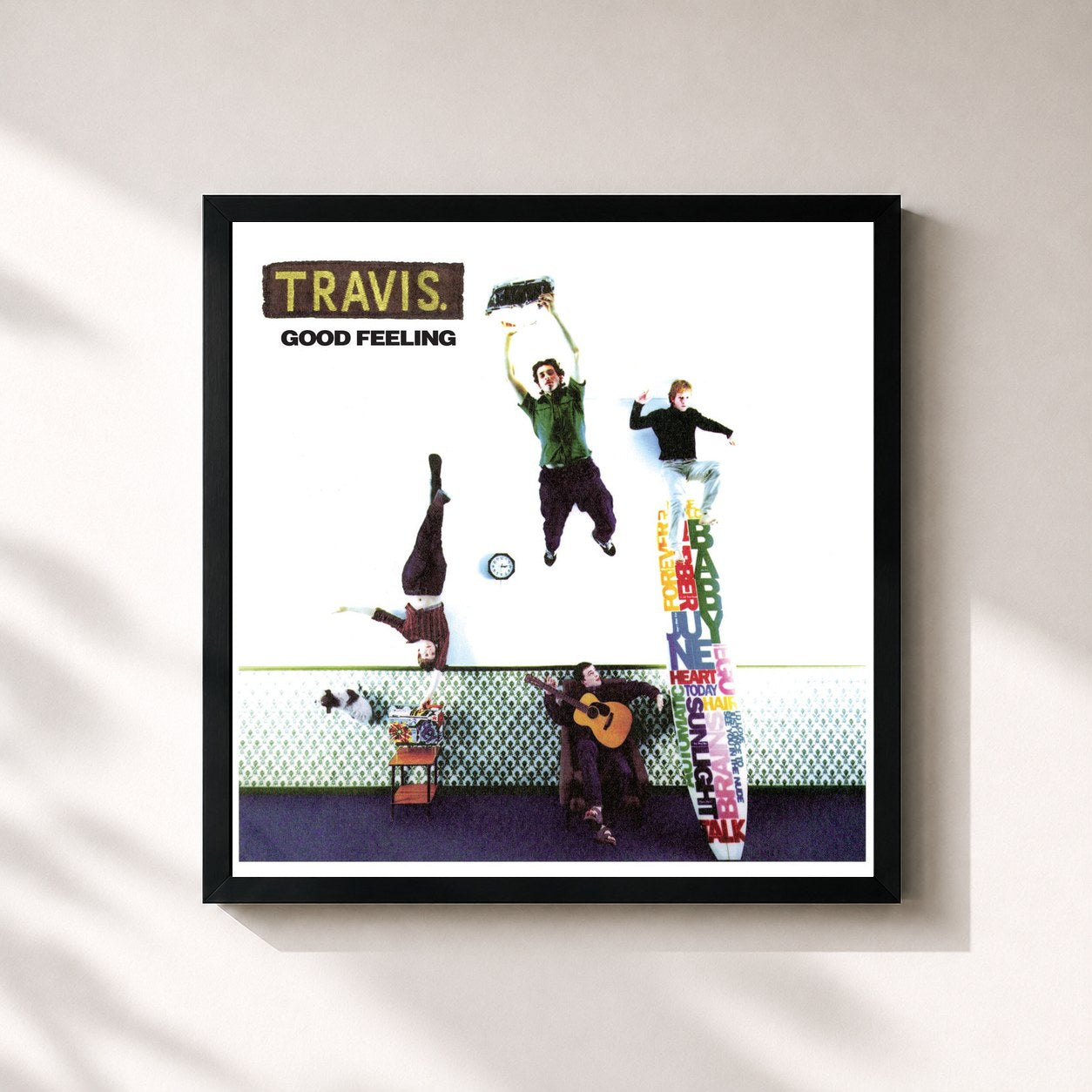 #noir Tableau carré de l'album Good Feeling de Travis, cadre noir 32x32 cm
