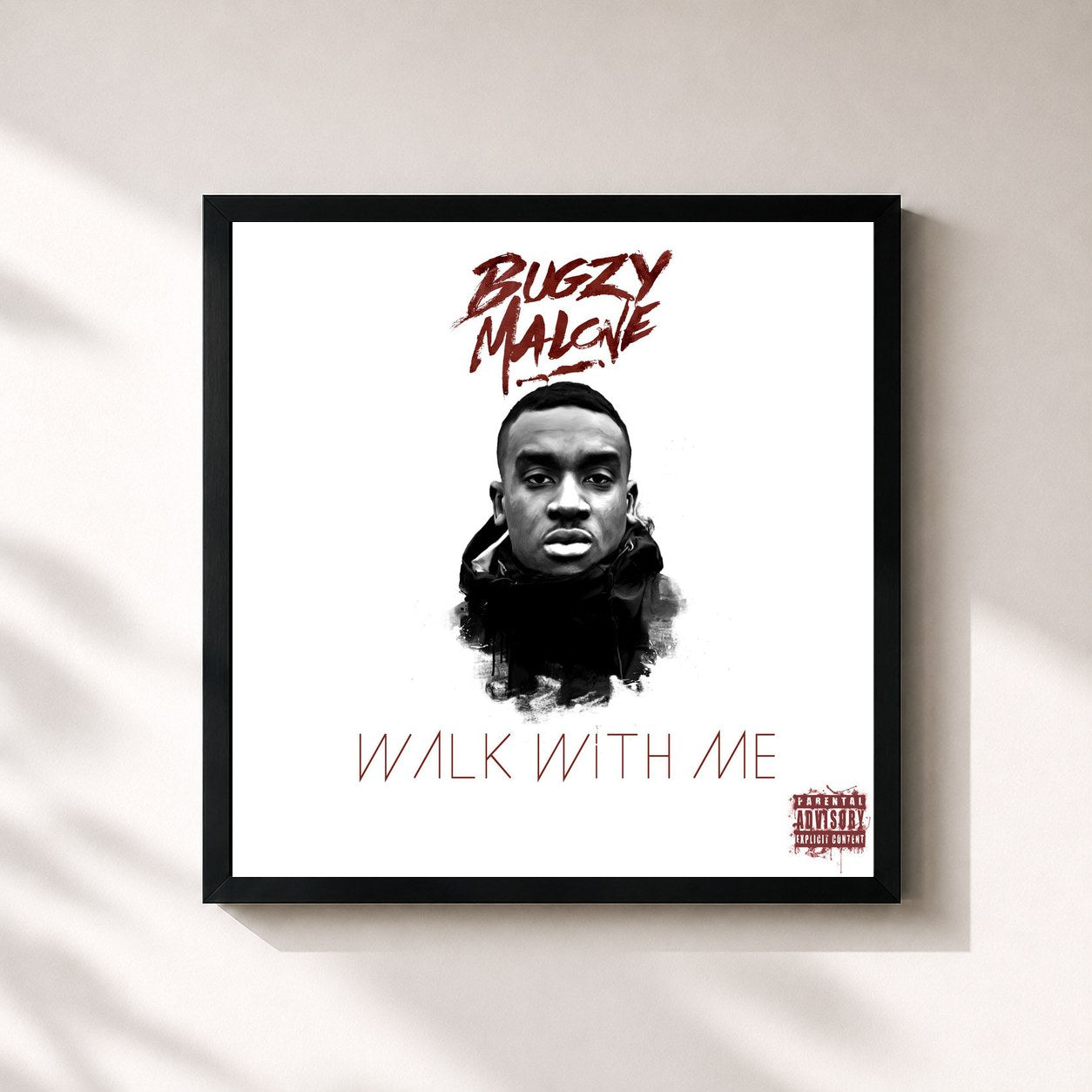 #noir Tableau carré de l'album Walk With Me de Bugzy Malone, cadre noir 32x32 cm