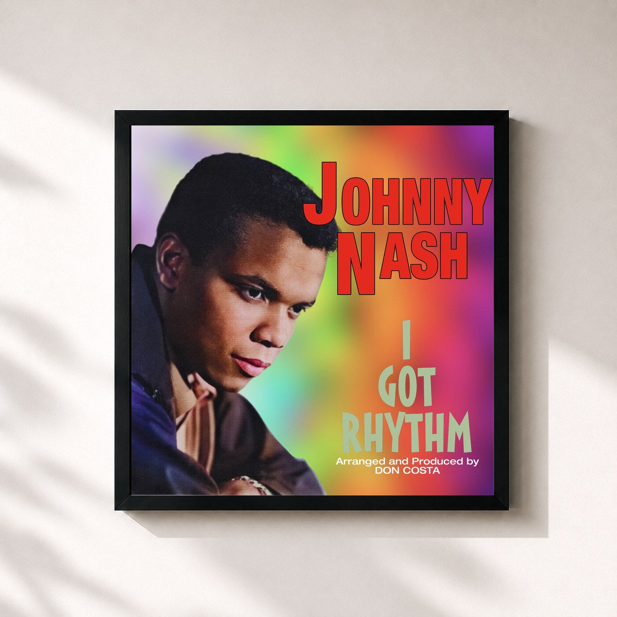 #noir Tableau carré de l'album I Got Rhythm de Johnny Nash, cadre noir 32x32 cm