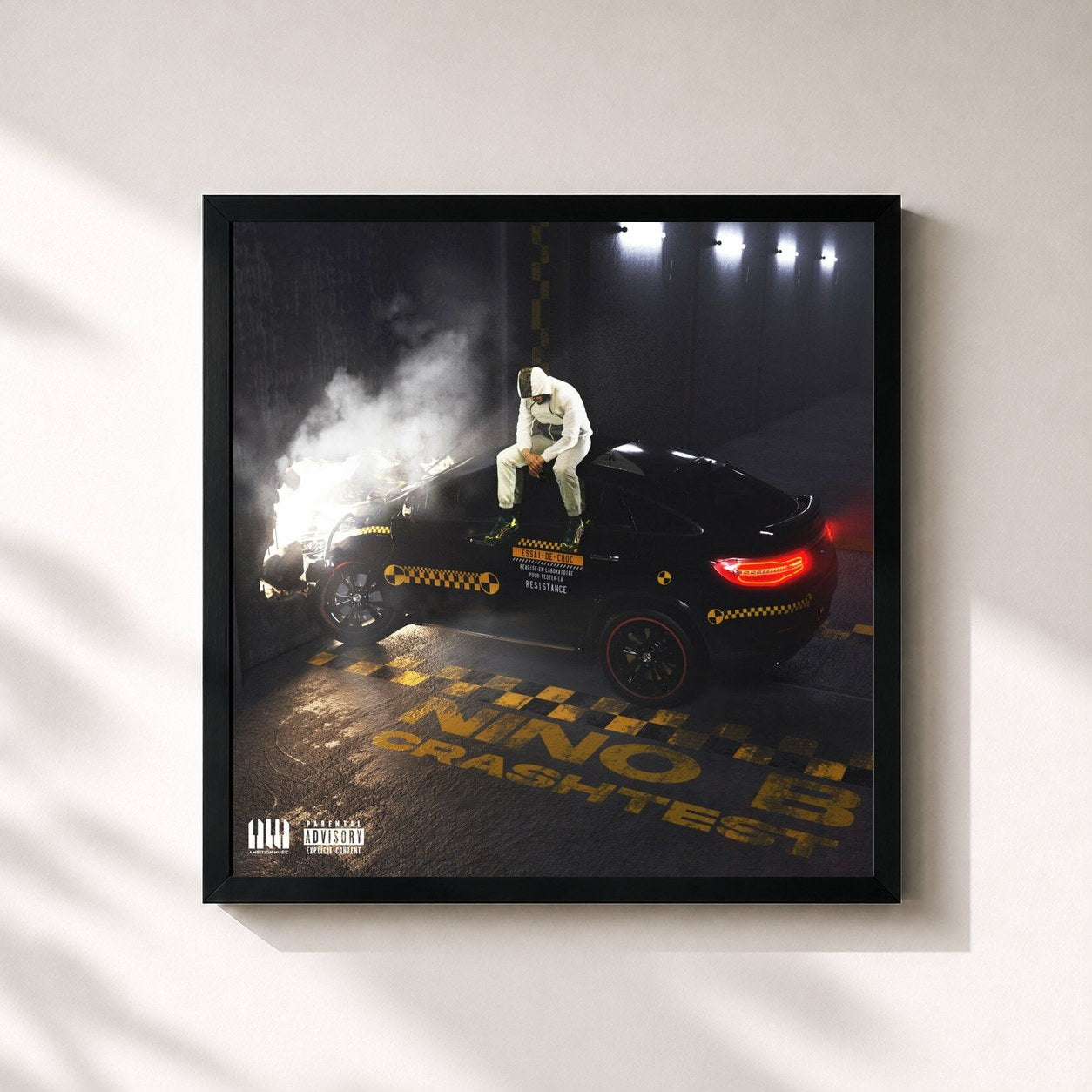 #noir Tableau carré de l'album Crash Test de Nino B, cadre noir 32x32 cm
