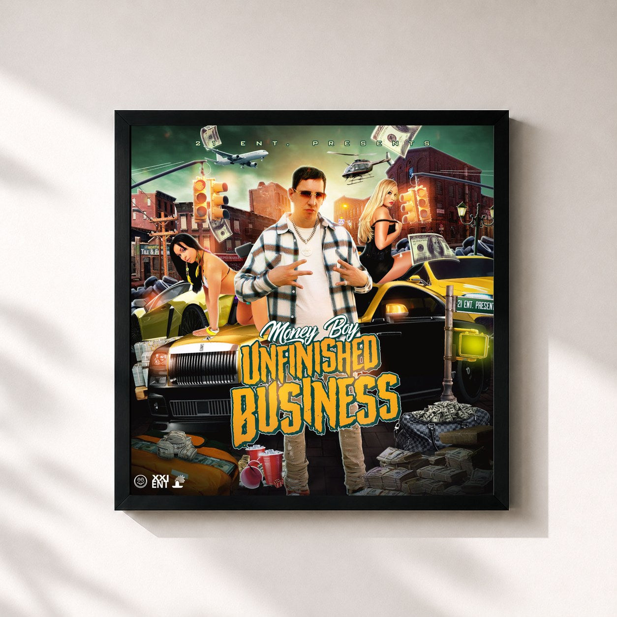 #noir Tableau carré de l'album Unfinished Business de Money Boy, cadre noir 32x32 cm