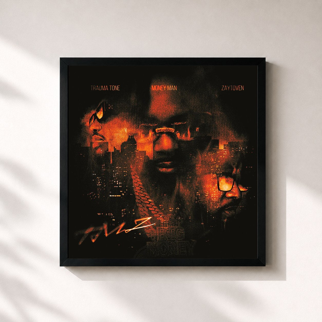 #noir Tableau carré de l'album TMZ de Money Man, cadre noir 32x32 cm