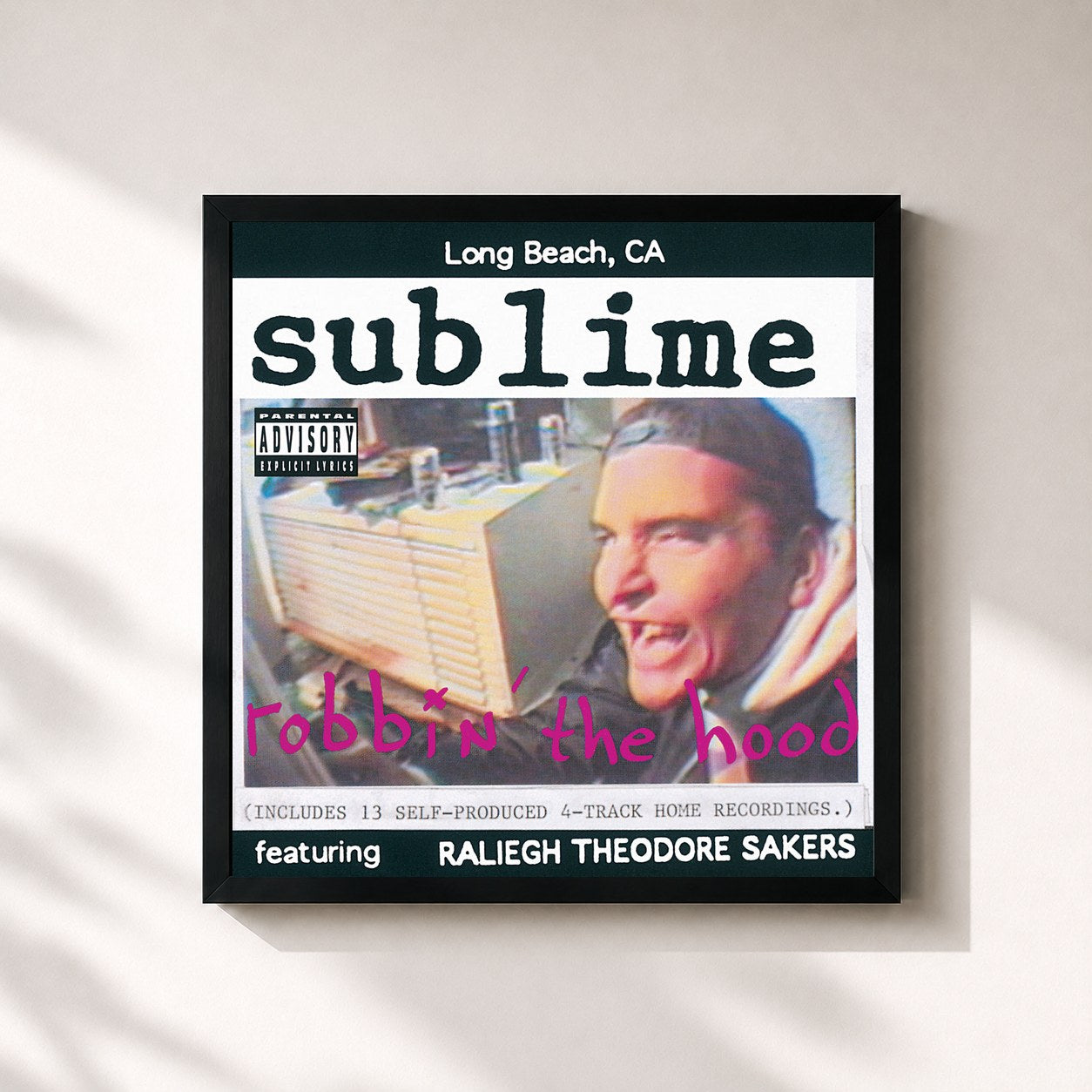 #noir Tableau carré de l'album Robbin' The Hood de Sublime, cadre noir 32x32 cm
