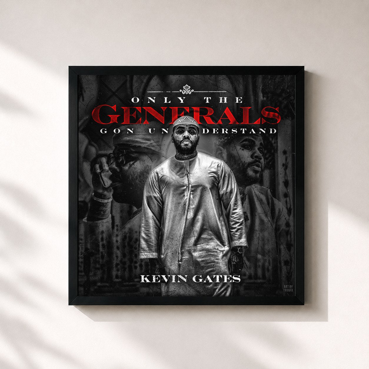 #noir Tableau carré de l'album Only the Generals Gon Understand de Kevin Gates, cadre noir 32x32 cm