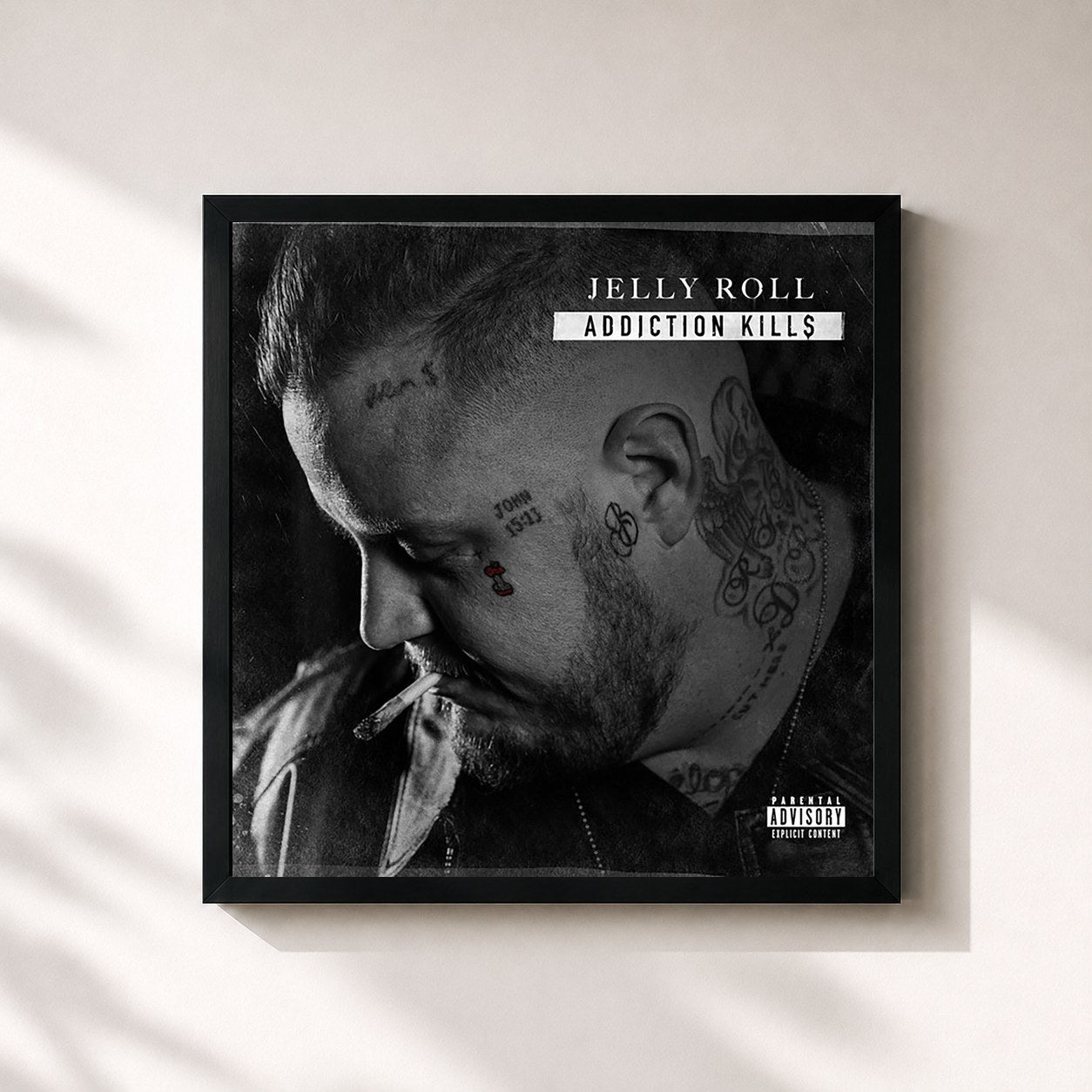 #noir Tableau carré de l'album Addiction Kills de Jelly Roll, cadre noir 32x32 cm