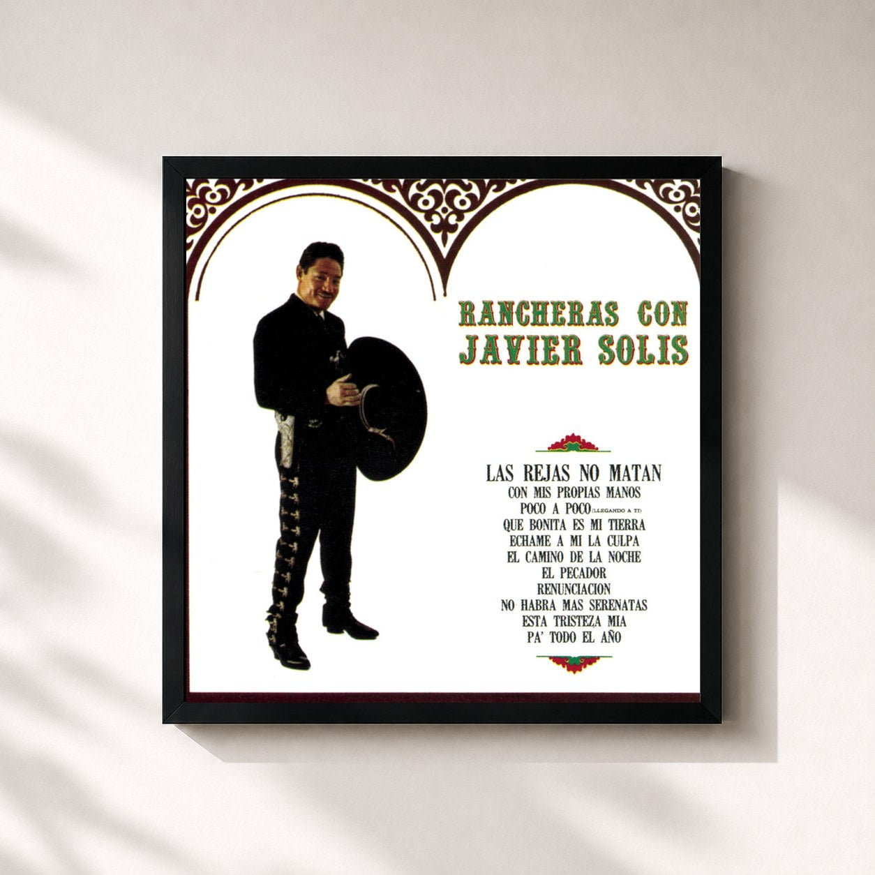 #noir Tableau carré de l'album Rancheras Con Solis de Javier Solis, cadre noir 32x32 cm