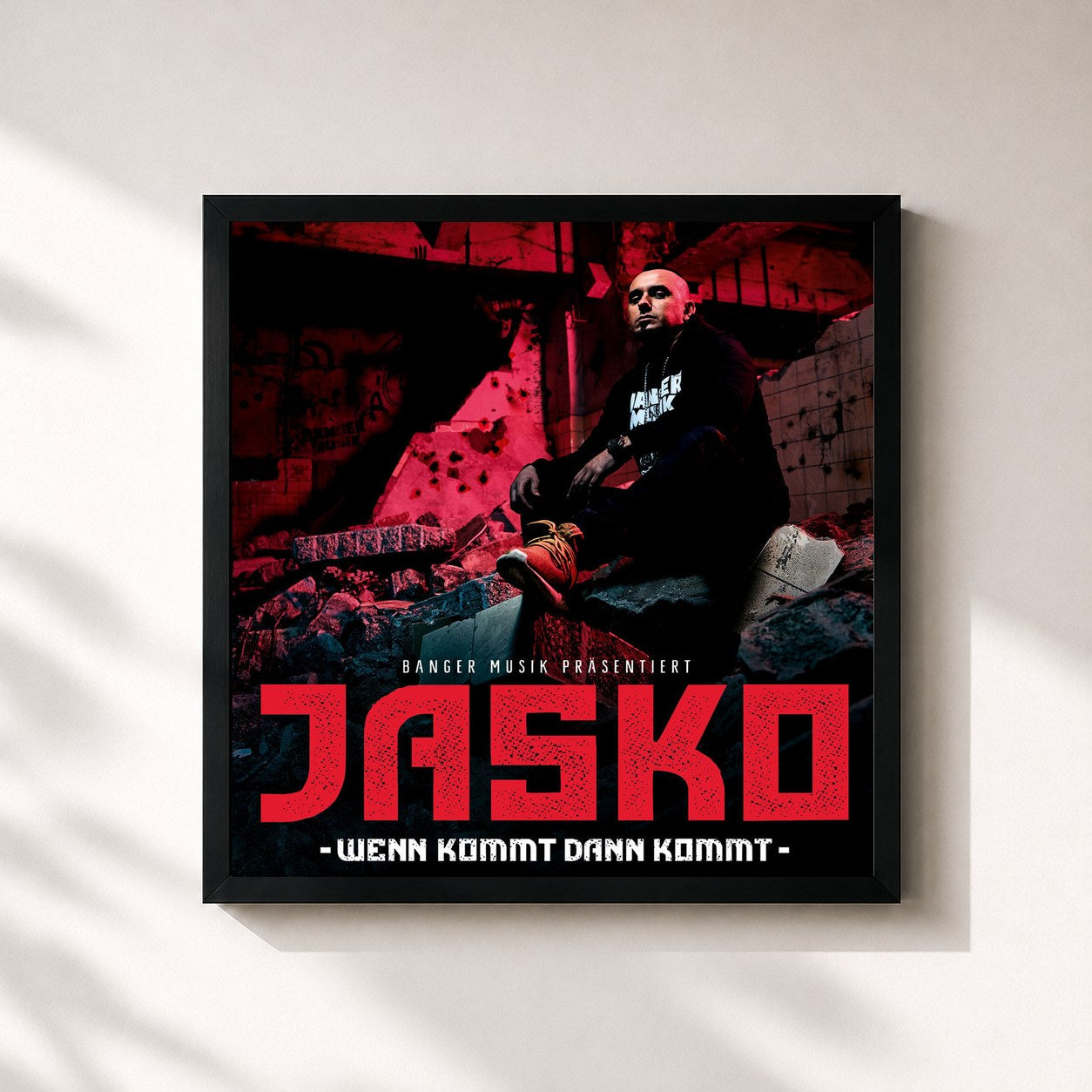 #noir Tableau carré de l'album Wenn kommt dann kommt de Jasko, cadre noir 32x32 cm