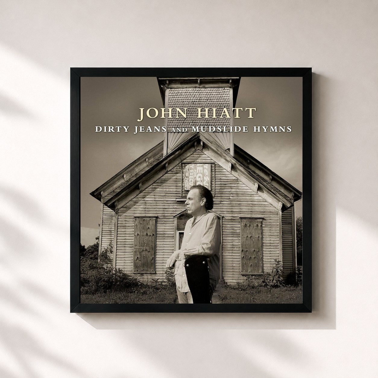 #noir Tableau carré de l'album Dirty Jeans and Mudslide Hymns de John Hiatt, cadre noir 32x32 cm