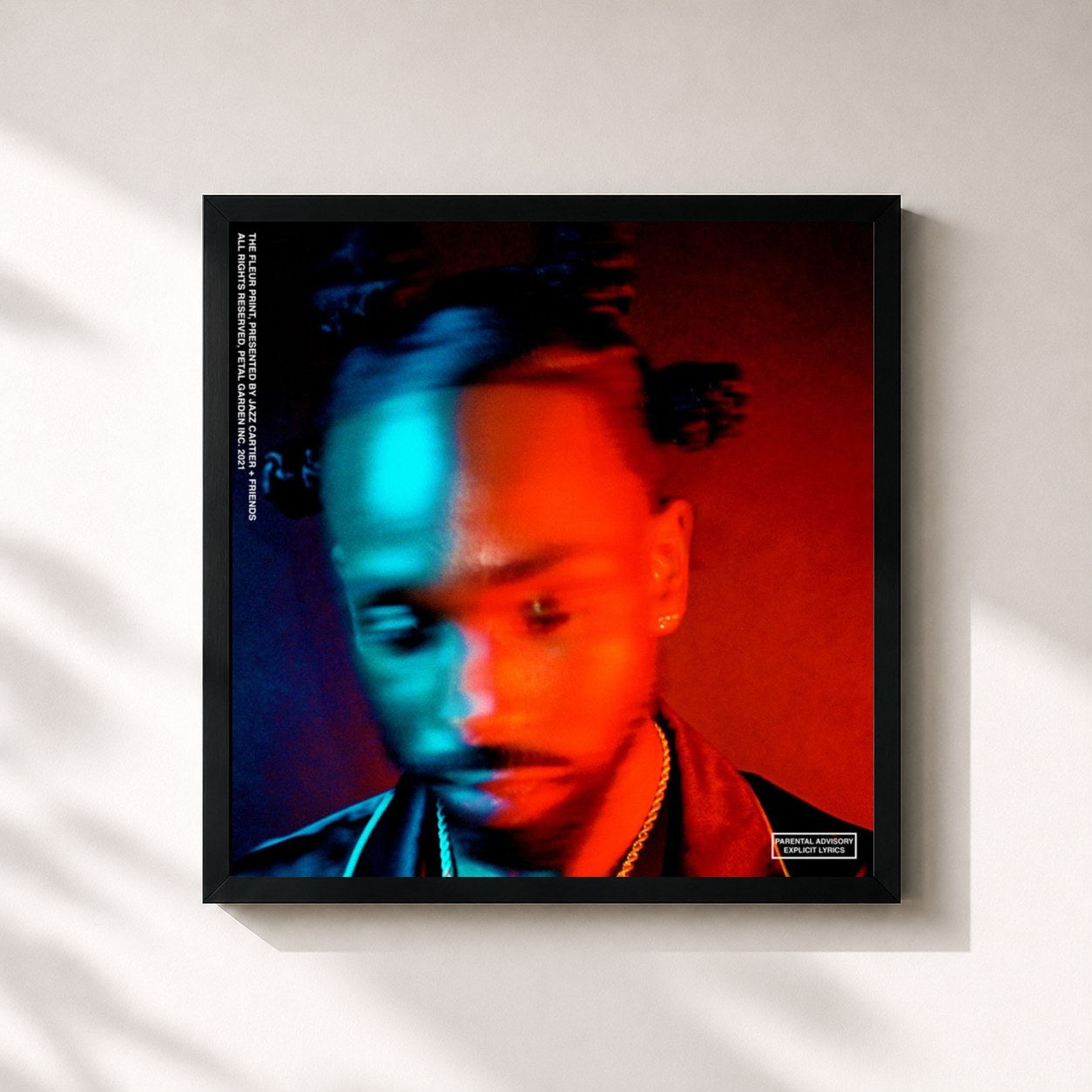 #noir Tableau carré de l'album The Fleur Print de Jazz Cartier, cadre noir 32x32 cm