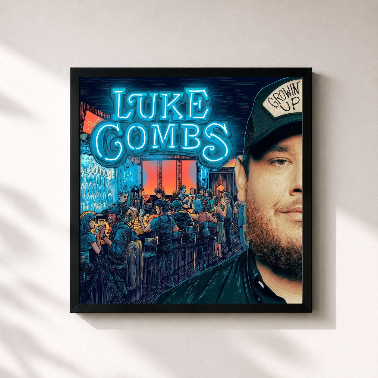#noir Tableau carré de l'album Growin' Up de Luke Combs, cadre noir 32x32 cm