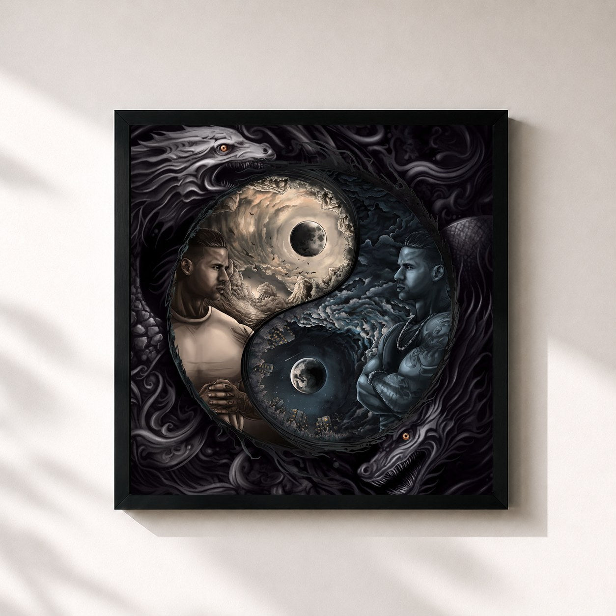 #noir Tableau carré de l'album ZWISCHEN LICHT & SCHATTEN de Majoe, cadre noir 32x32 cm