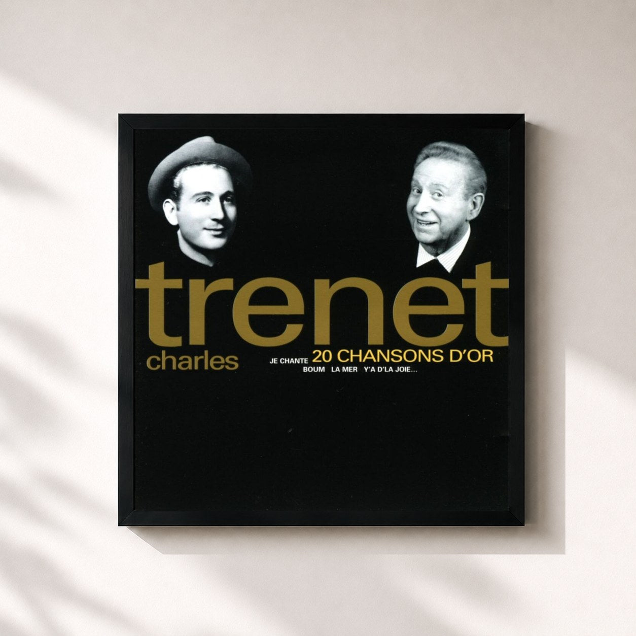 #noir Tableau carré de l'album 20 chansons d'or de Charles Trenet, cadre noir 32x32 cm