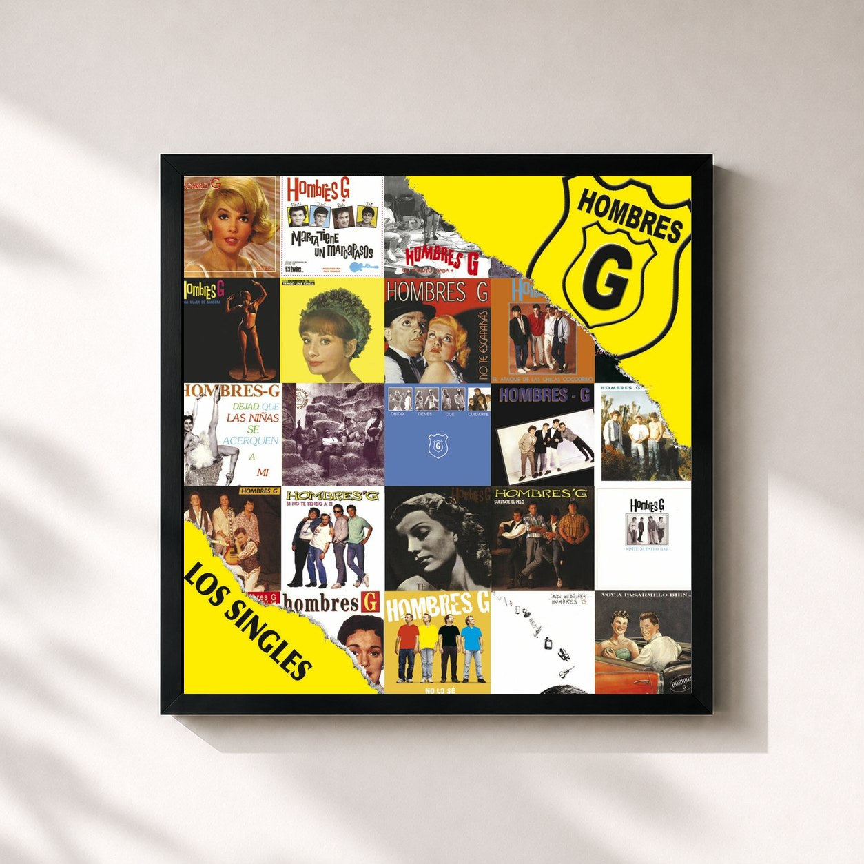 #noir Tableau carré de l'album Los Singles 1985-2005 de Hombres G, cadre noir 32x32 cm