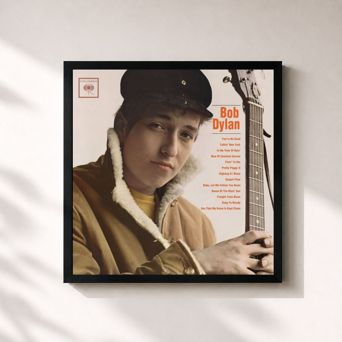 #noir Tableau carré de l'album Bob Dylan de Bob Dylan, cadre noir 32x32 cm