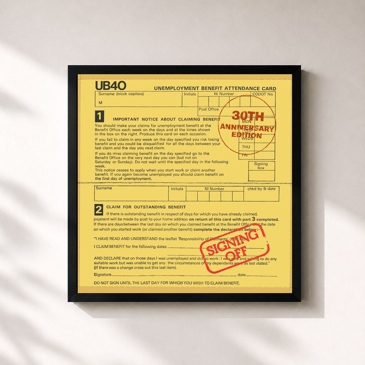 #noir Tableau carré de l'album Signing Off (Deluxe) de UB40, cadre noir 32x32 cm