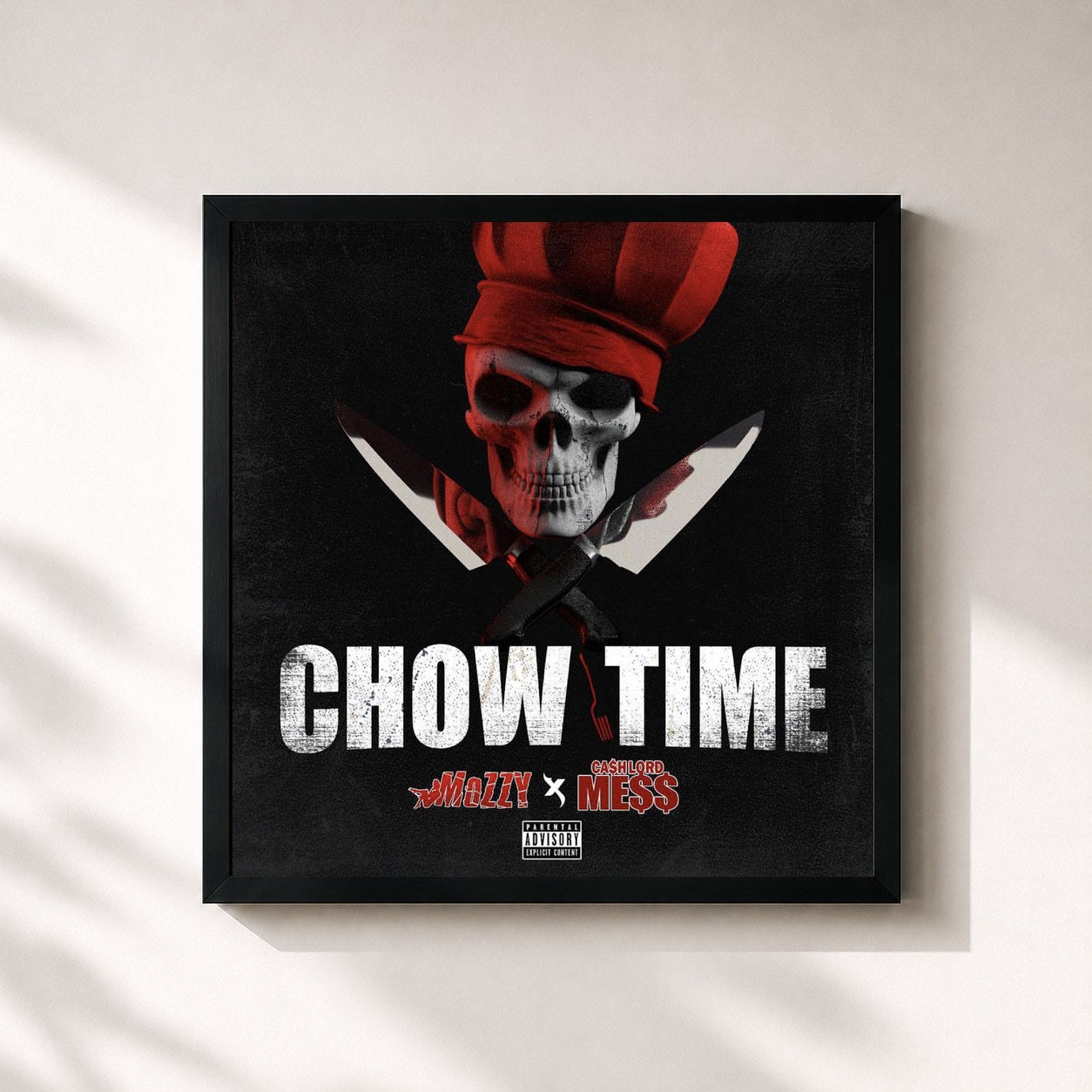 #noir Tableau carré de l'album Chow Time de Mozzy, cadre noir 32x32 cm